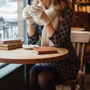 💛 Michael Kors Gold Chain Print Shift Dress Navy Blue Long Sleeve Size L